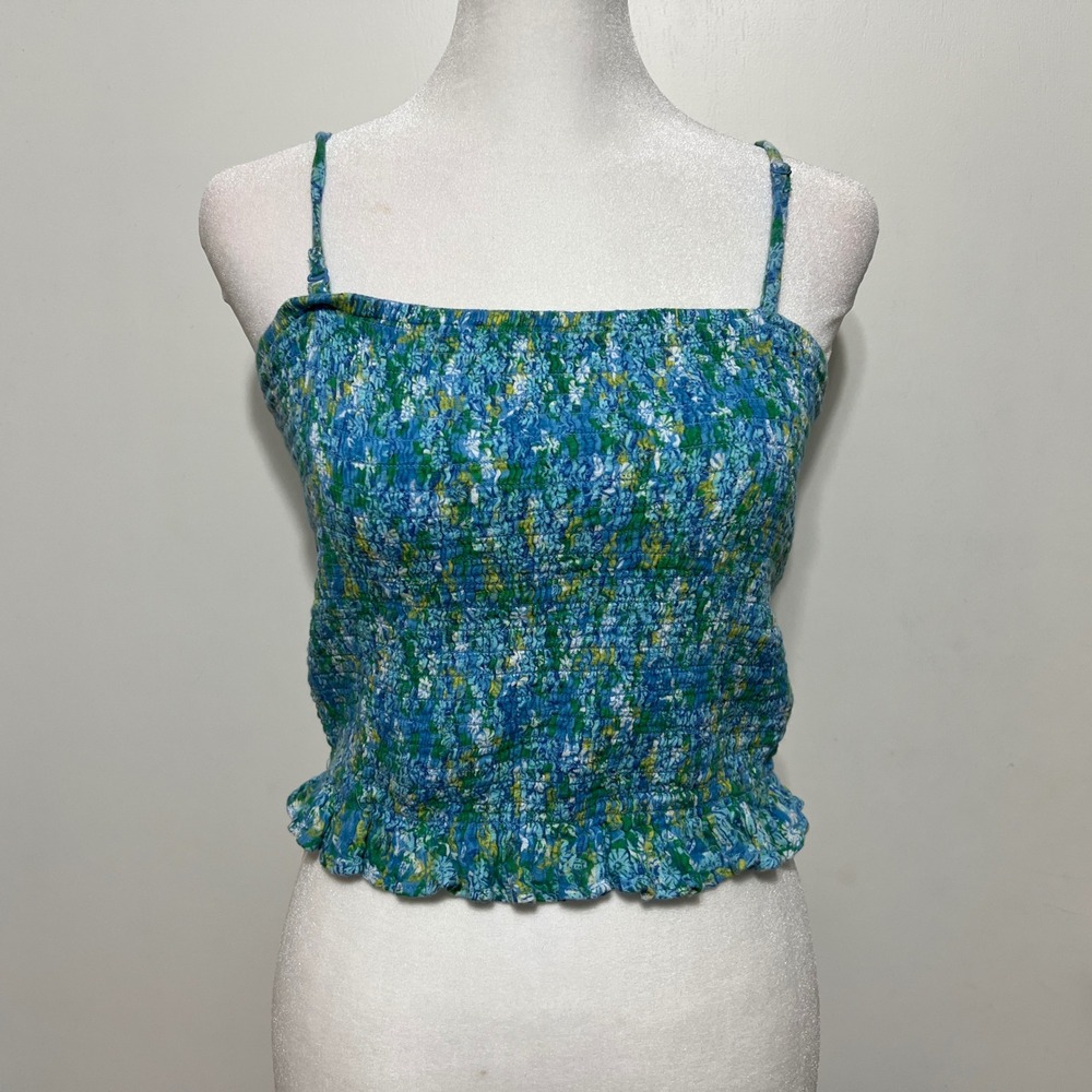 American Eagle Outfitters Floral Smocked Tube Top Tank Women M Blue Green Yellow